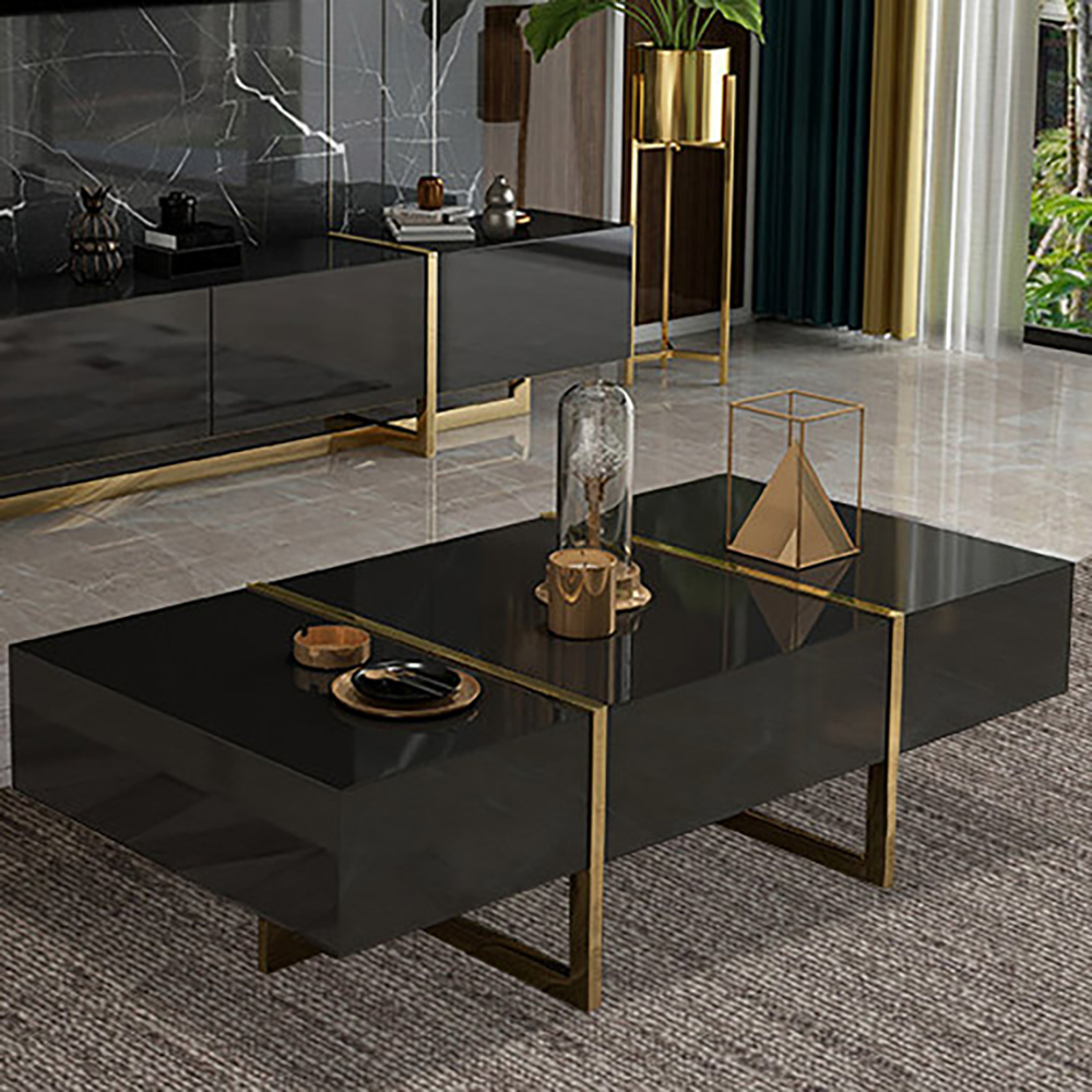 Black Rectangular Coffee Table with Stainless Steel Base & Storage