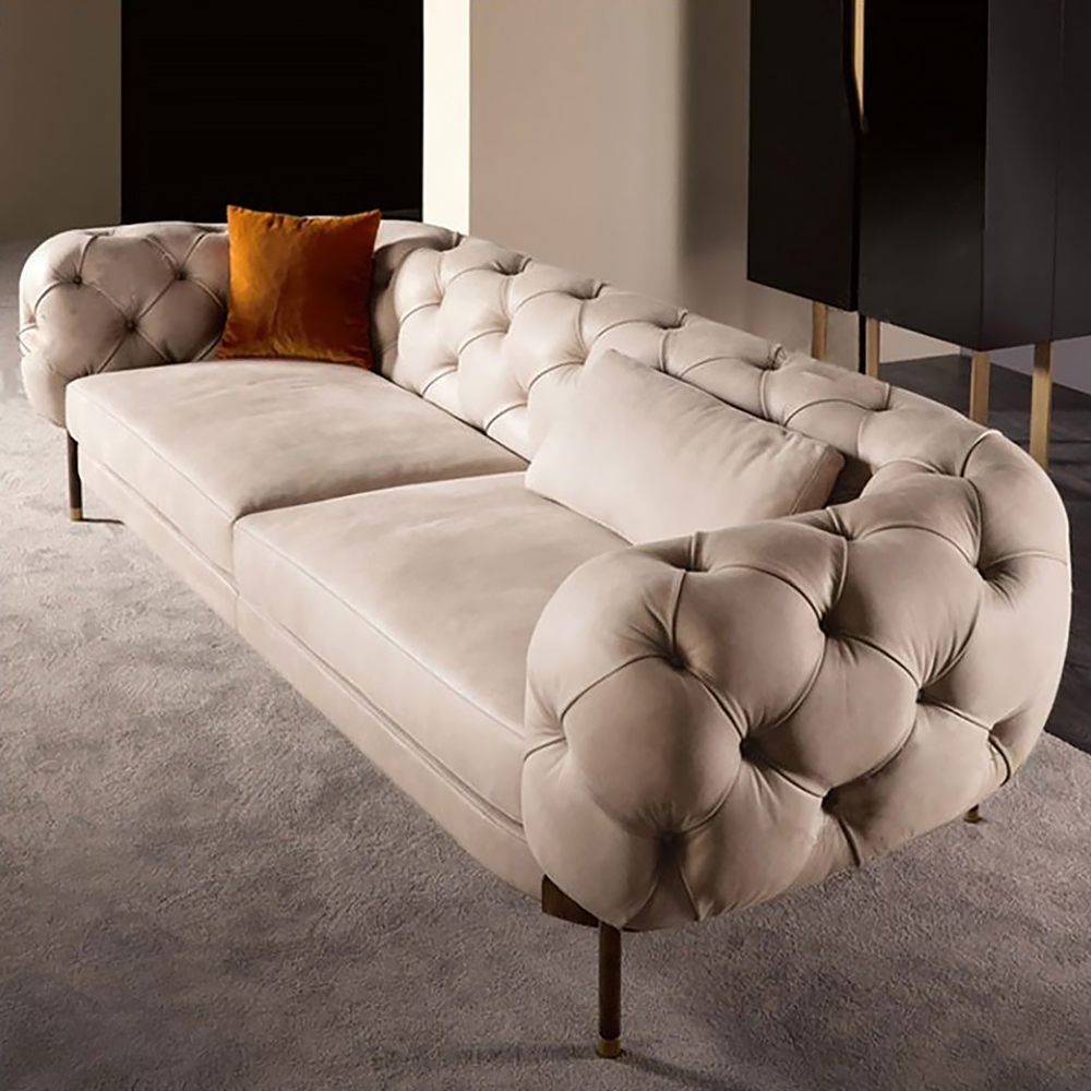 86.6" Modern Beige Velvet Upholstered Tufted Sofa 3-seater Sofa