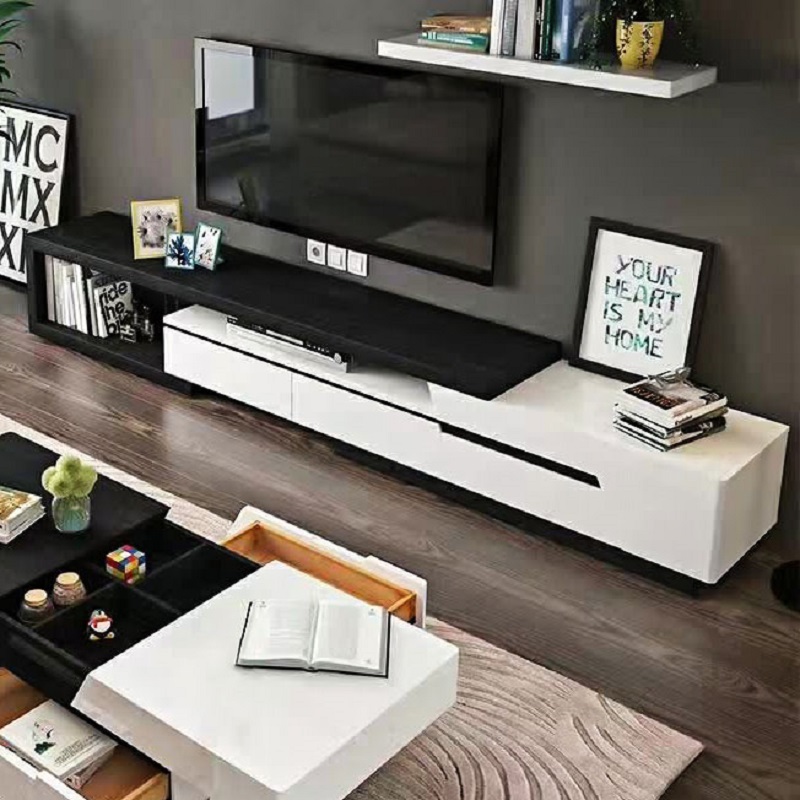 Modern Extendable TV Stand Entertainment Cabinet with Storage & Bookshelf & Drawer