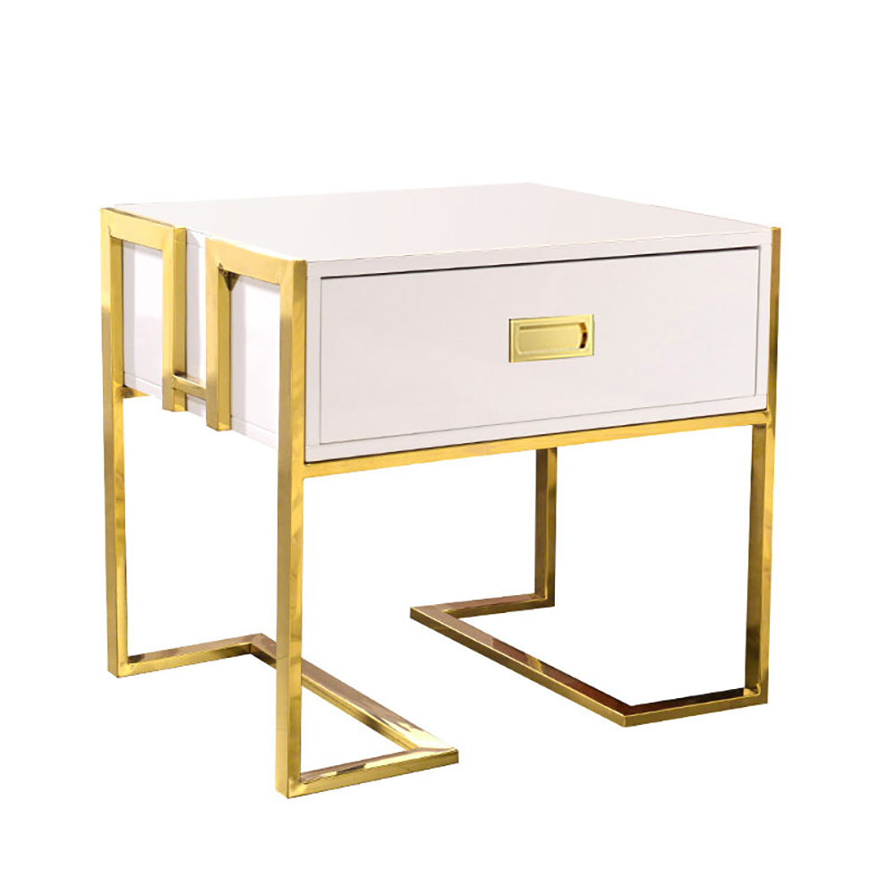 Modern White Wooden End Table with 1 Drawer & Golden Double Pedestal