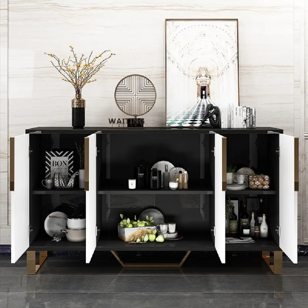 White and Black Modern 4 Doors Wood Sideboard Buffet Table in 3 Storage with 4 Hands