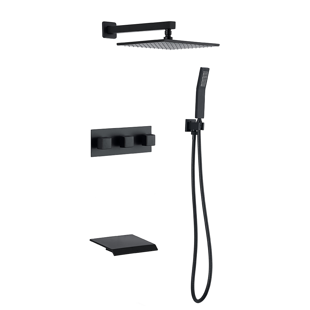 Moda 10" Wall-Mounted Square Rain Shower System with Waterfall Tub Spout in Matte Black