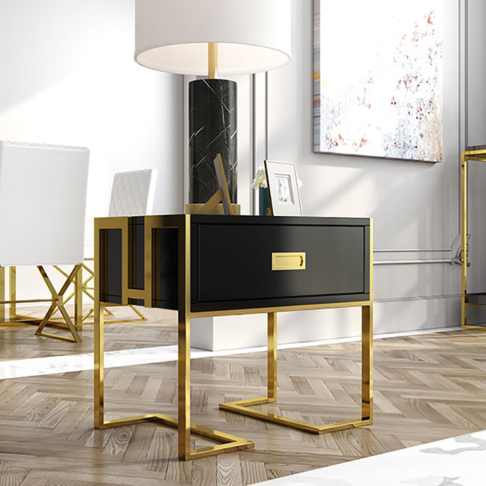 Modern Black Wooden End Table with 1 Drawer & Golden Double Pedestal