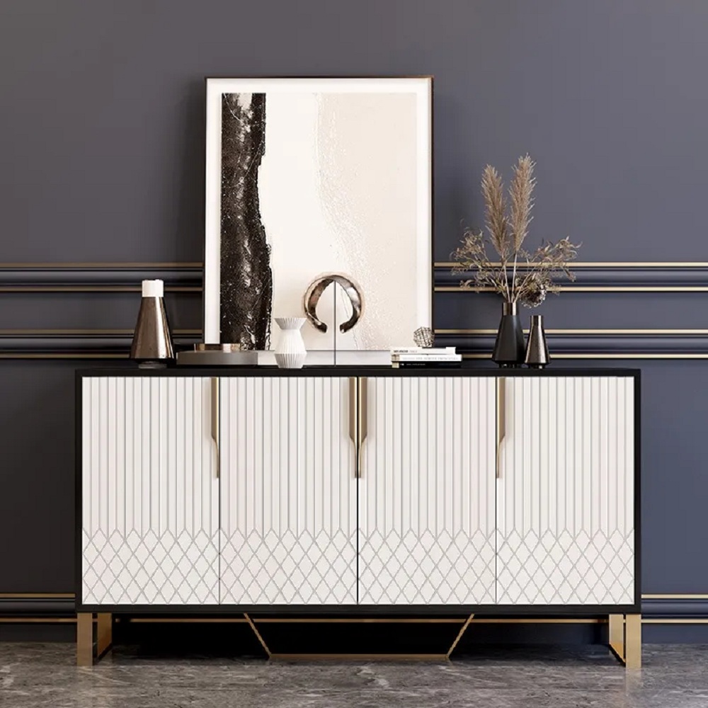 White and Black Modern 4 Doors Wood Sideboard Buffet Table in 3 Storage with 4 Hands
