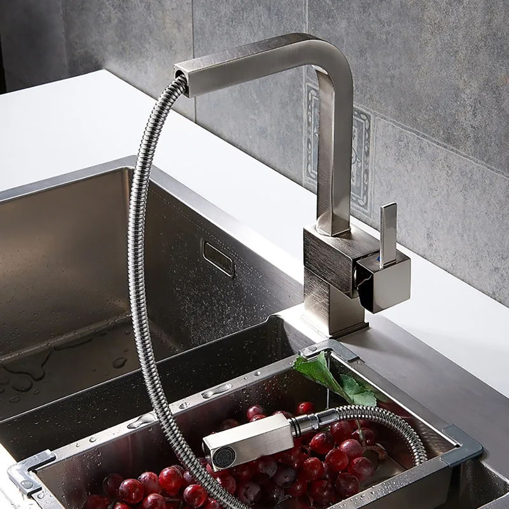 Contemporary Single Handle Square Pull-Out Brass Kitchen Faucet in Brushed Nickel