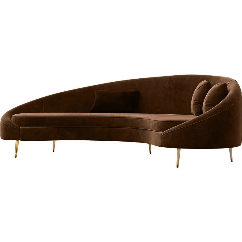Modern 2400mm Brown Velvet Curved Sofa Gold Metal Legs with Toss Pillows