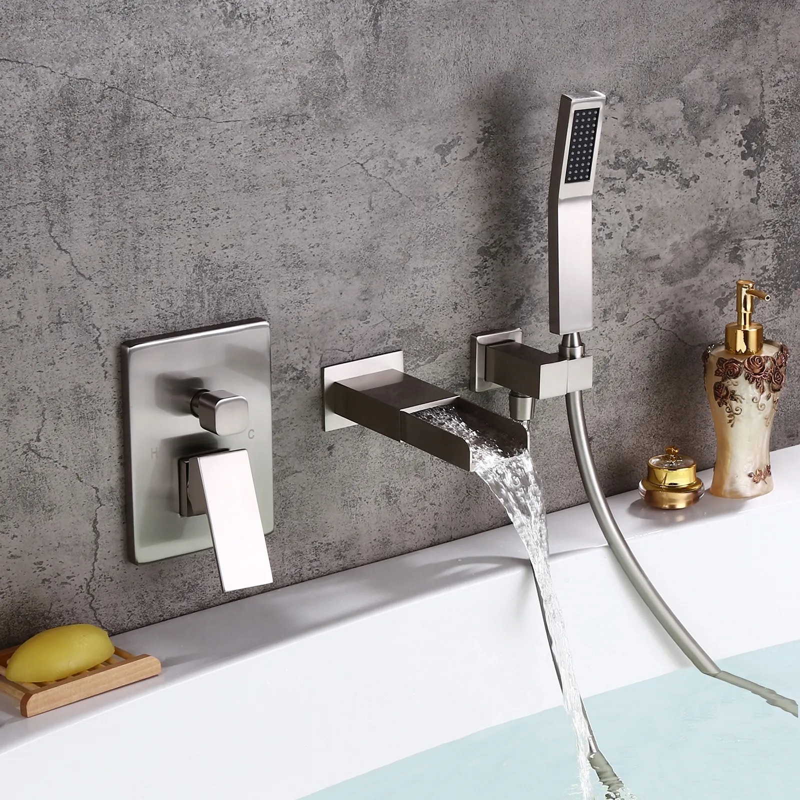 Modern Waterfall Wall-Mount Solid Brass Bathtub Faucet & Handshower in Brushed Nickel
