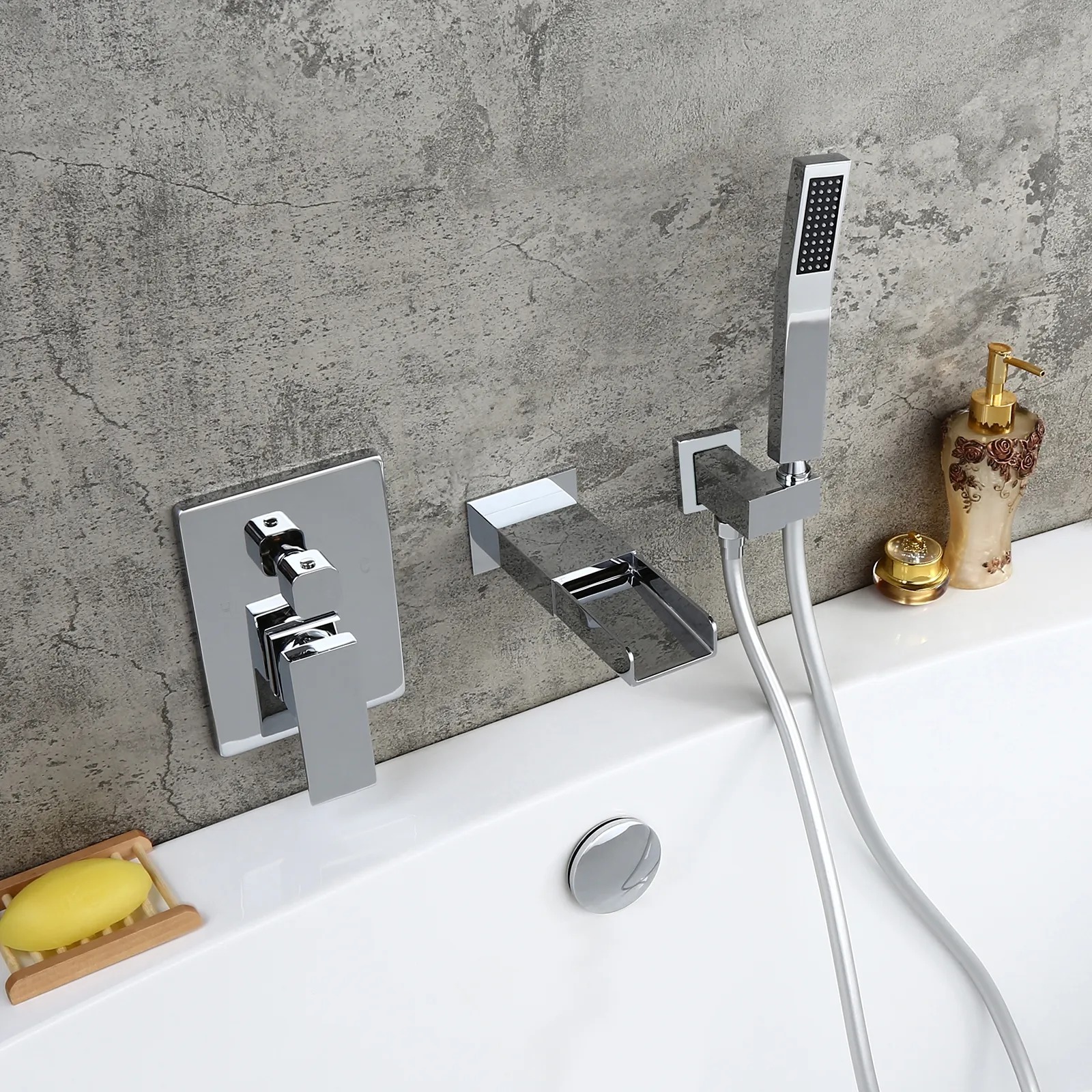 Modern Waterfall Wall-Mount Solid Brass Bathtub Faucet & Handshower in Polished Chrome