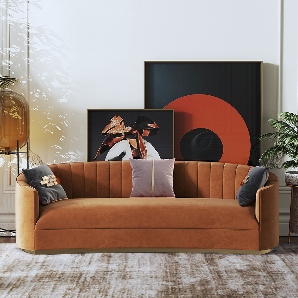 Canapé incurvé moderne en velours de 250 mm en orange avec base en acier inoxydable