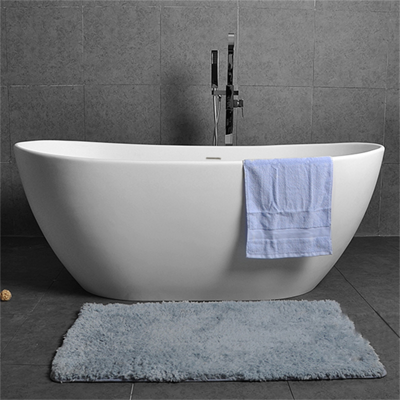 Oval Shape 64 Inch Freestanding Glossy White Stone Resin Soaking Bathtub With Overflow