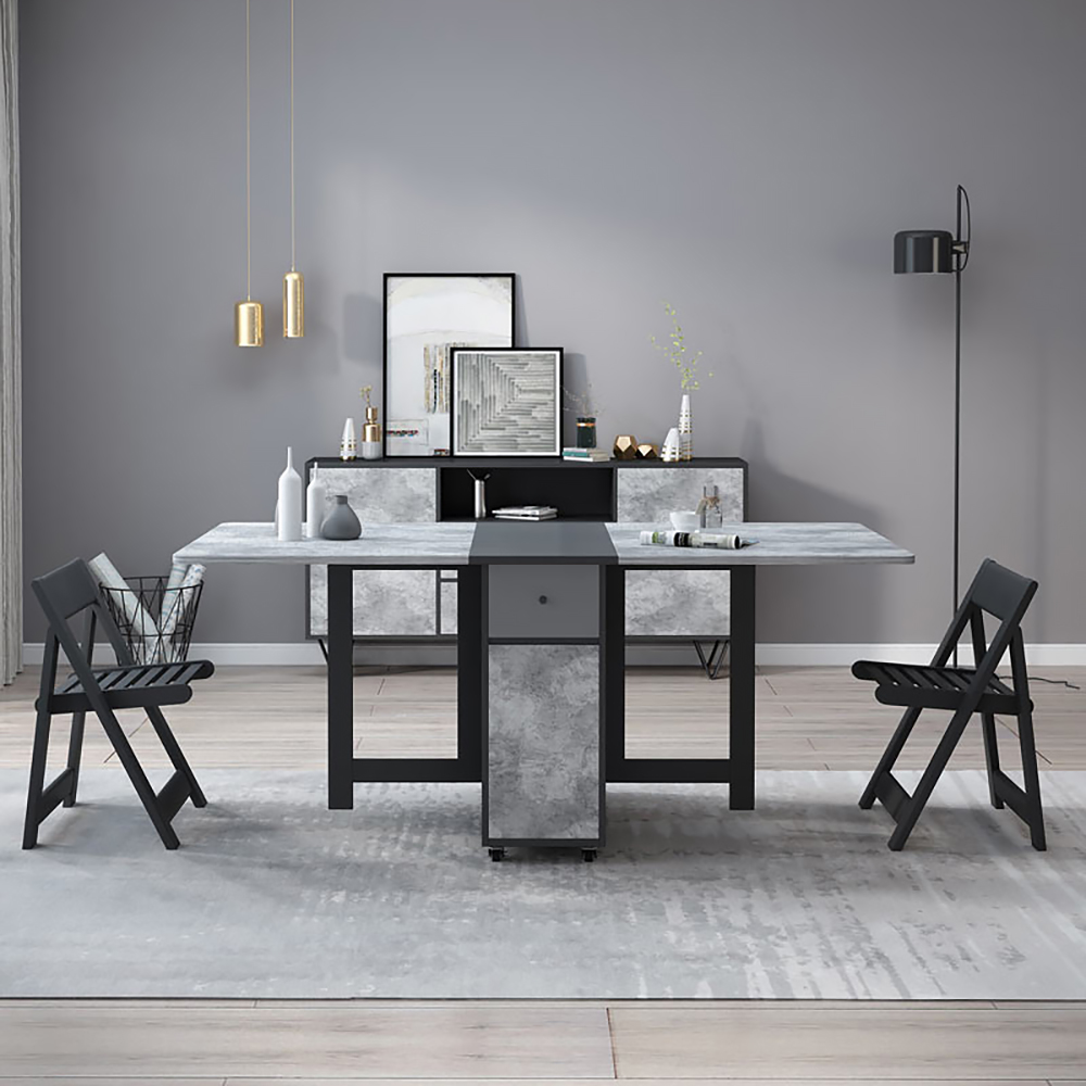 Gray and Black Extendable Dining Table with Wood Drop Leaf Folding for Mini Space