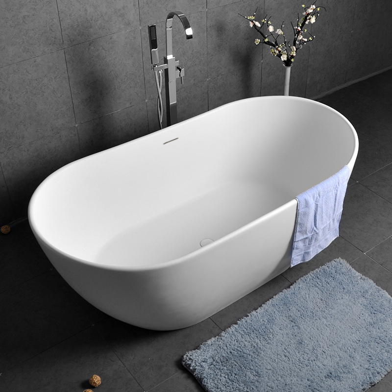 Oval Shape 64 Inch Freestanding Matte White Stone Resin Soaking Bathtub With Overflow