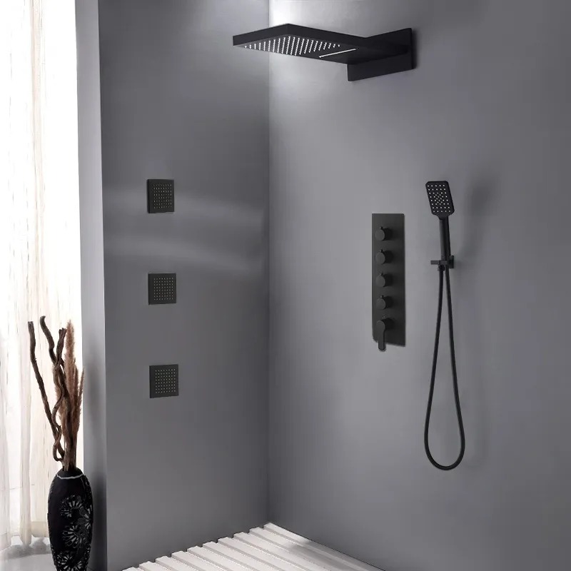 Wall Mounted Waterfall Rain Thermostatic Shower System with 3 Body Sprays in Matte Black