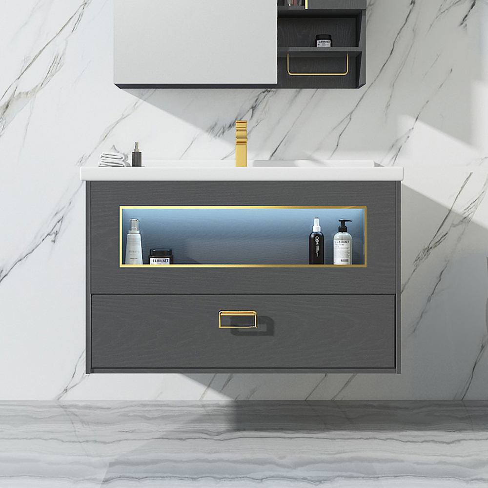 28" Gray Floating Bathroom Vanity Ceramic Drop-In Sink with Cabinet & Drawer
