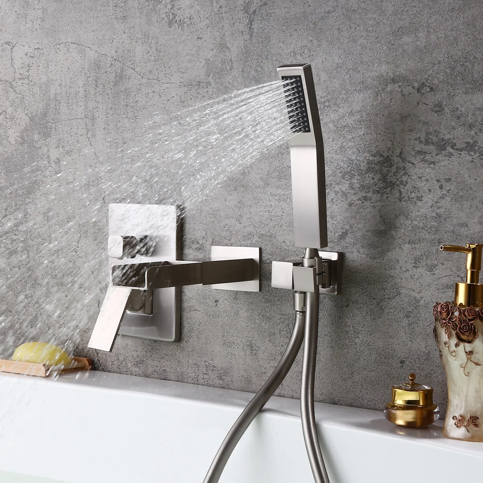 Modern Waterfall WallMount Solid Brass Bathtub Faucet & Handshower in