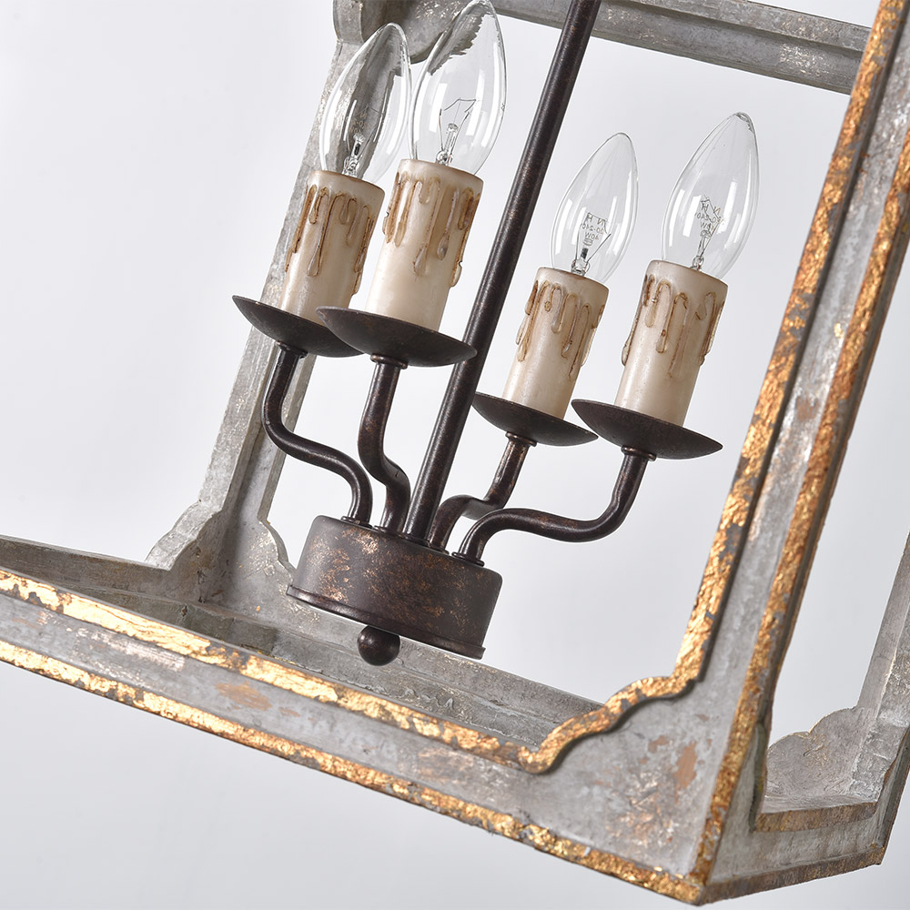 French 4-Light Lantern Chandelier Square Candelabra Pendant Light in Antique Gray 