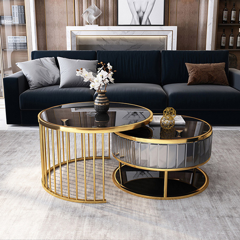 Ensemble de 2 tables basses gigognes rondes modernes dorées et noires avec plateau en verre trempé