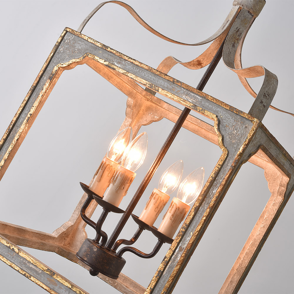French 4-Light Square Lantern Chandelier Metal and Wood in Antique Gray & Antique Gold