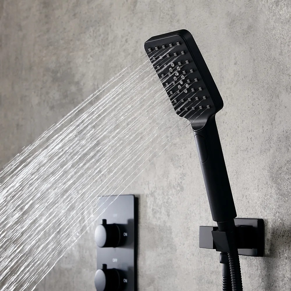 Wall Mounted Waterfall Rain Thermostatic Shower System with 3 Body Sprays in Matte Black