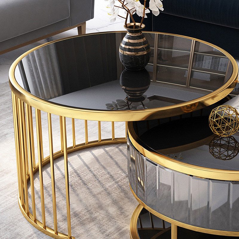 Modern Round Gold & Black Nesting Coffee Table with Shelf Tempered Glass Top 2 Piece Set