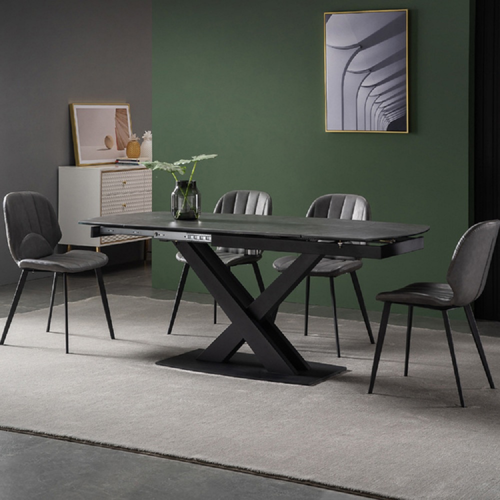 71" Modern Expandable Gray Stone Dining Table with Drop Leaf & Trestle Base 4-6 Person