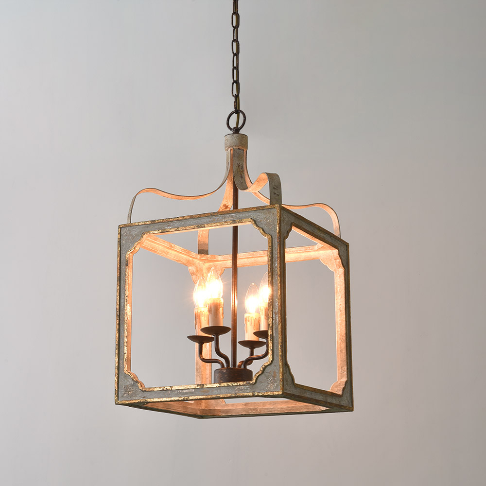 French 4-Light Square Lantern Chandelier Metal and Wood in Antique Gray & Antique Gold