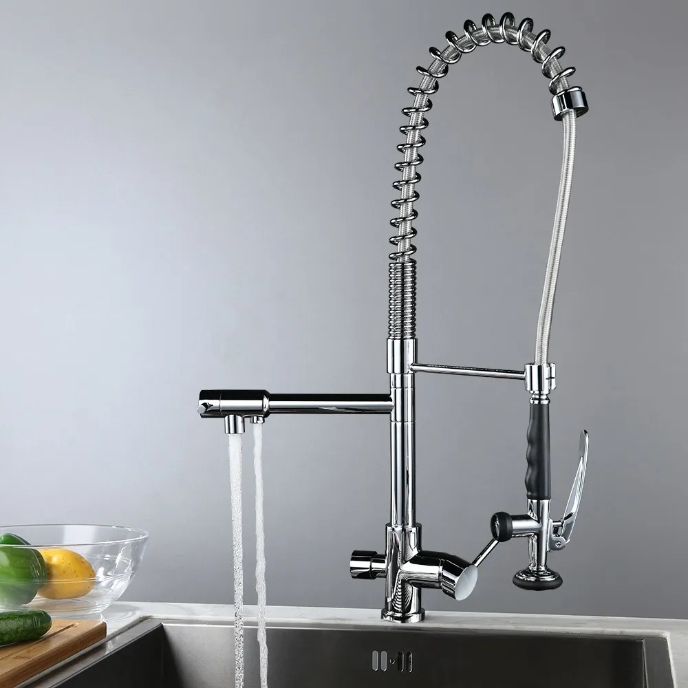 Commercial Pull Down Kitchen Faucet with Water Filter & Pot Filler 3 in 1 Chrome