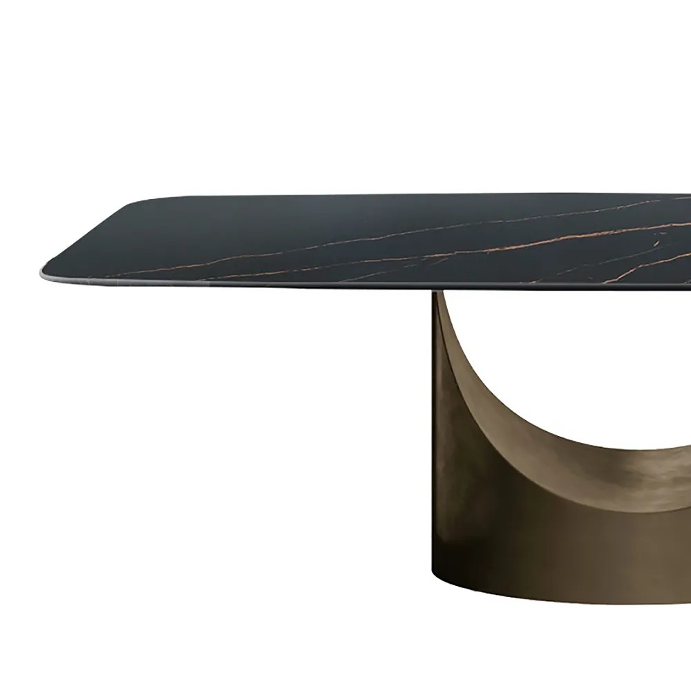 Modern Black Dining Table Villa Home Stone Top Antique Brass Pedestal 71" for 8 Person