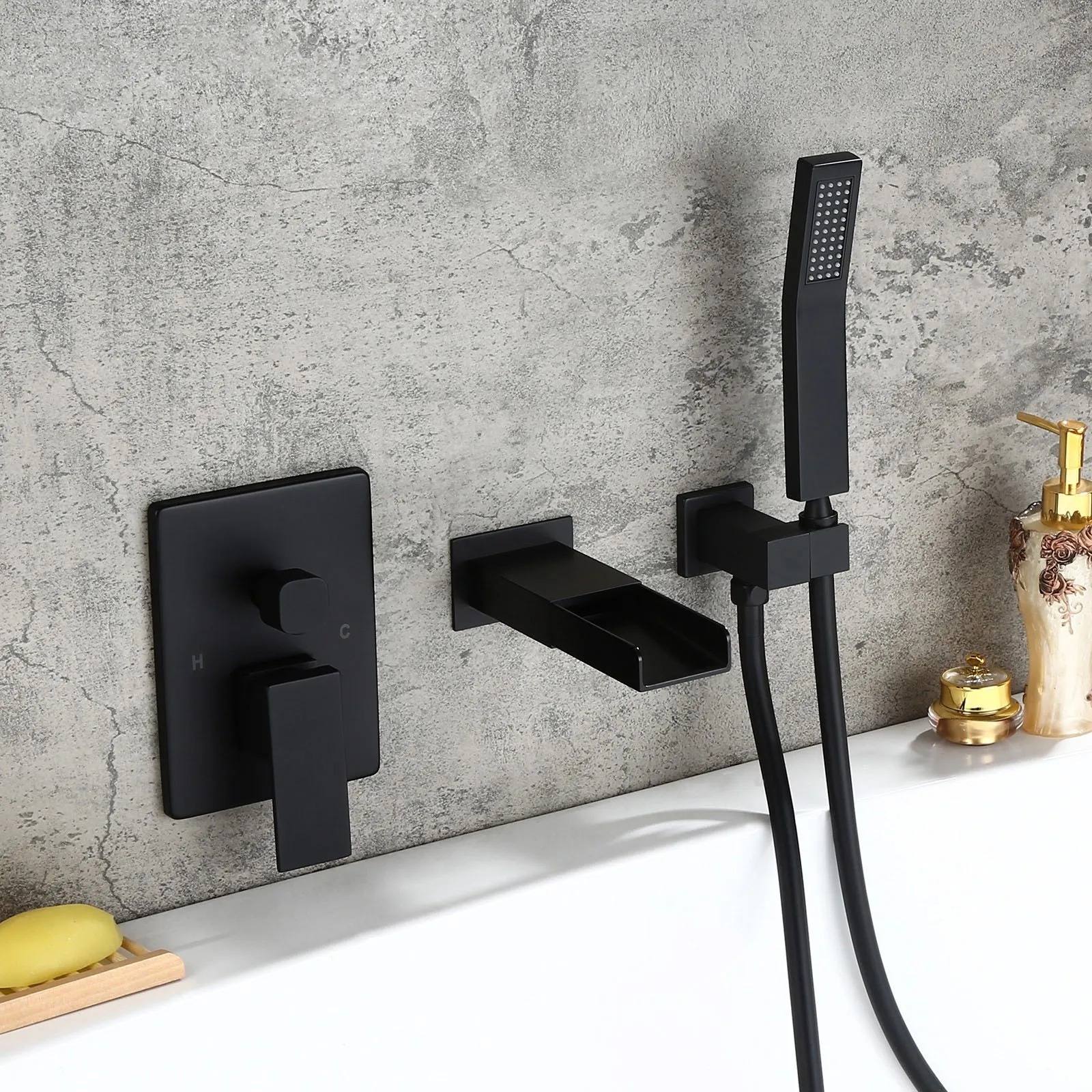 

Modern Waterfall Wall-Mount Solid Brass Bathtub Faucet & Handshower in Matte Black