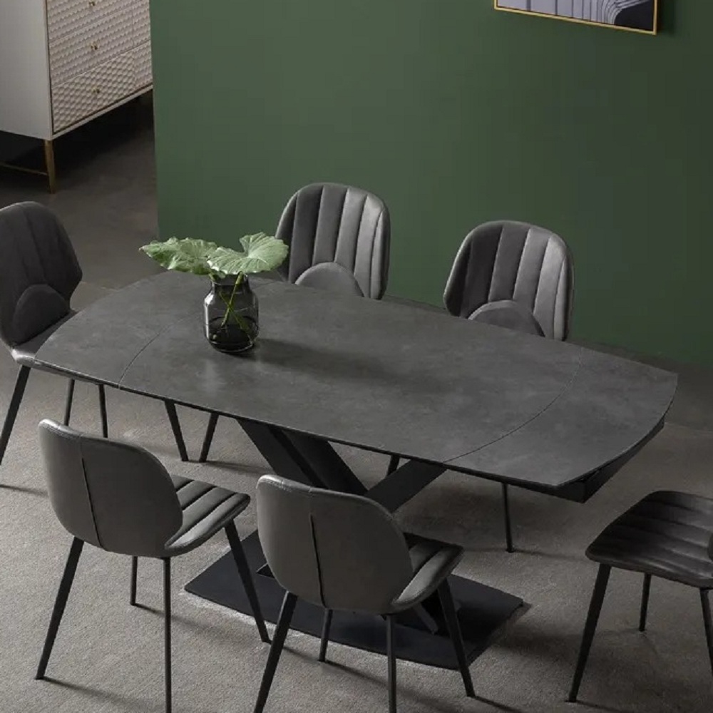 Moderner, erweiterbarer Esstisch aus grauem Stein mit Blatttropfen und Gestell für 4—6 Personen