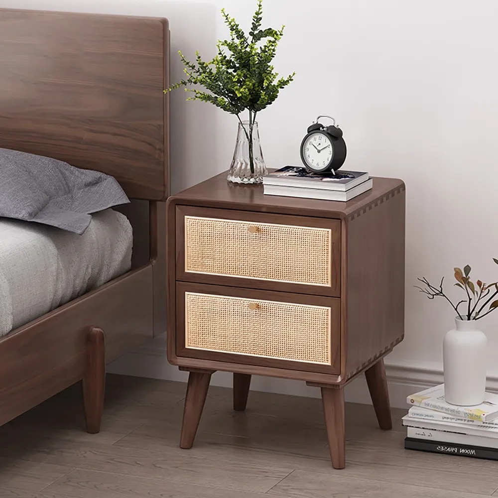 Nordic Walnut Rattan Nightstand Bedside Table with 2 Drawers