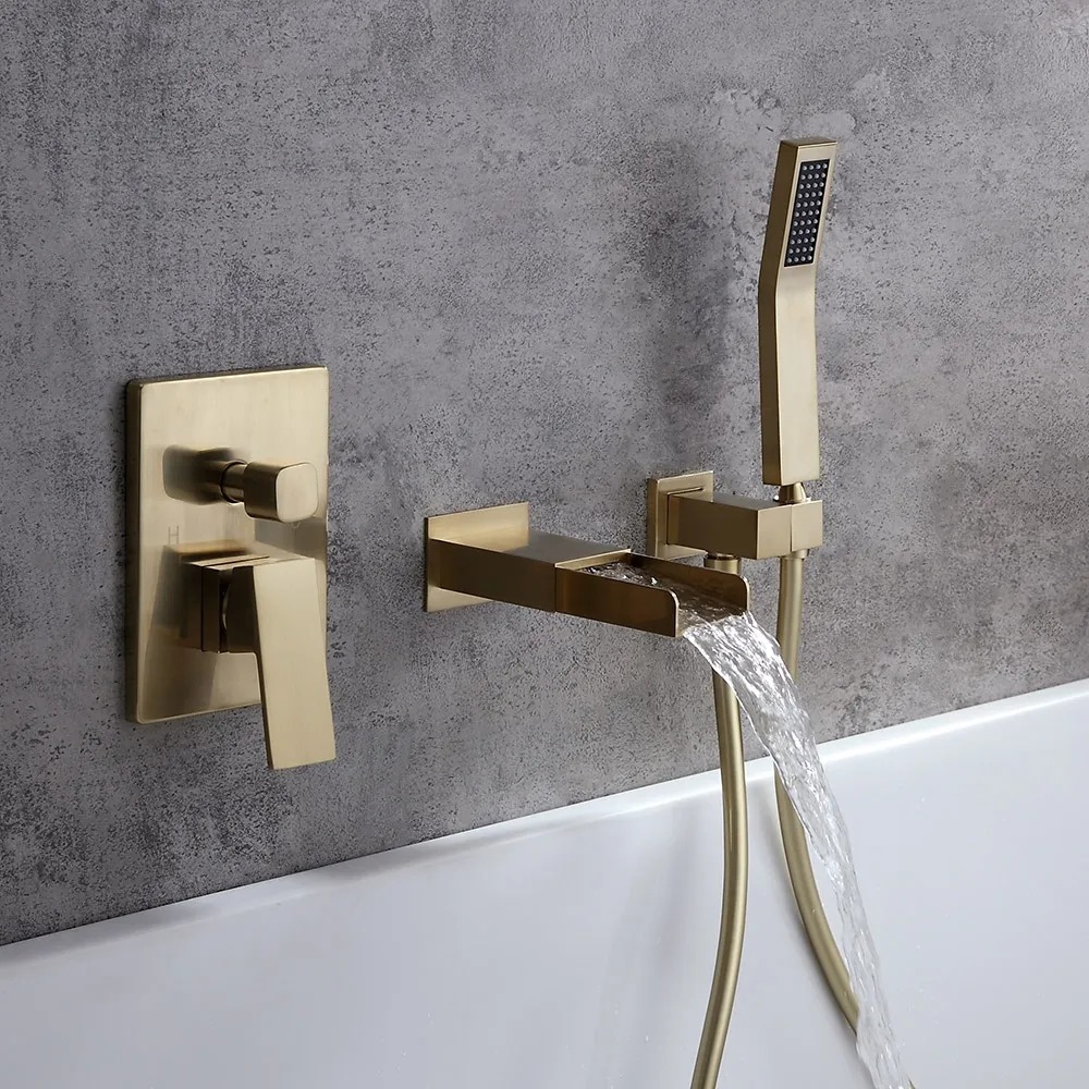 Modern Waterfall Wall-Mount Solid Brass Bathtub Faucet with Handshower in Brushed Gold