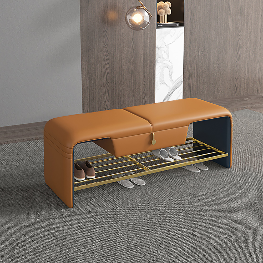 

42.5" Modern Entryway Bench Leather Upholstery with Drawer and Open Shoe Storage Shelf