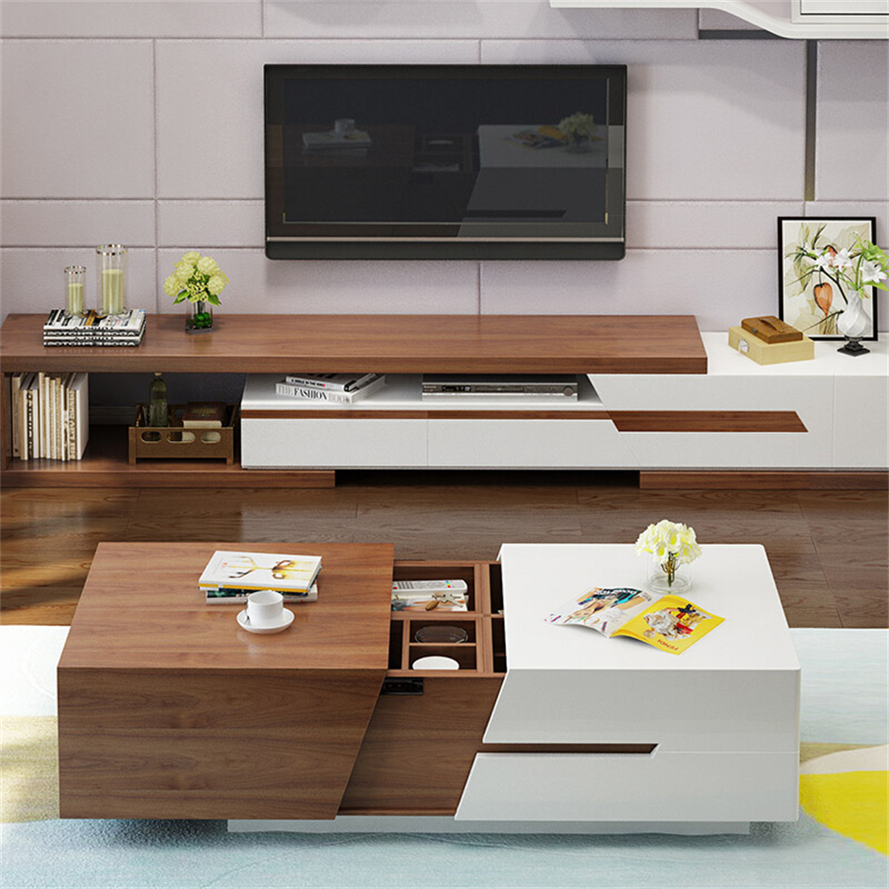 2085mm Modern Chic Extendable Sliding Top Coffee Table with Storage in White & Walnut