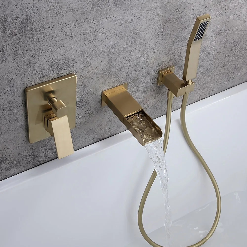 Modern Waterfall Wall-Mount Solid Brass Bathtub Faucet with Handshower in Brushed Gold