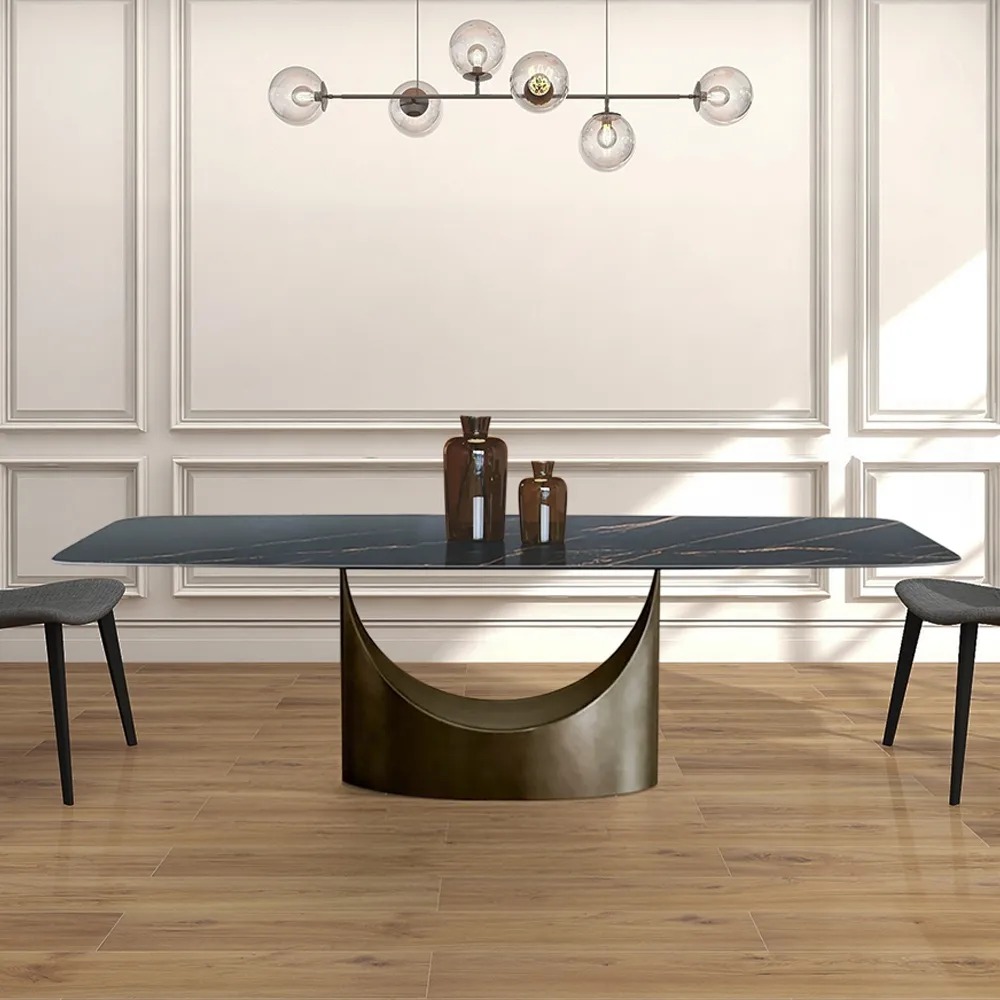 Table de salle à manger rectangulaire moderne en pierre de 63 po pour piédestal 6 personnes en laiton antique