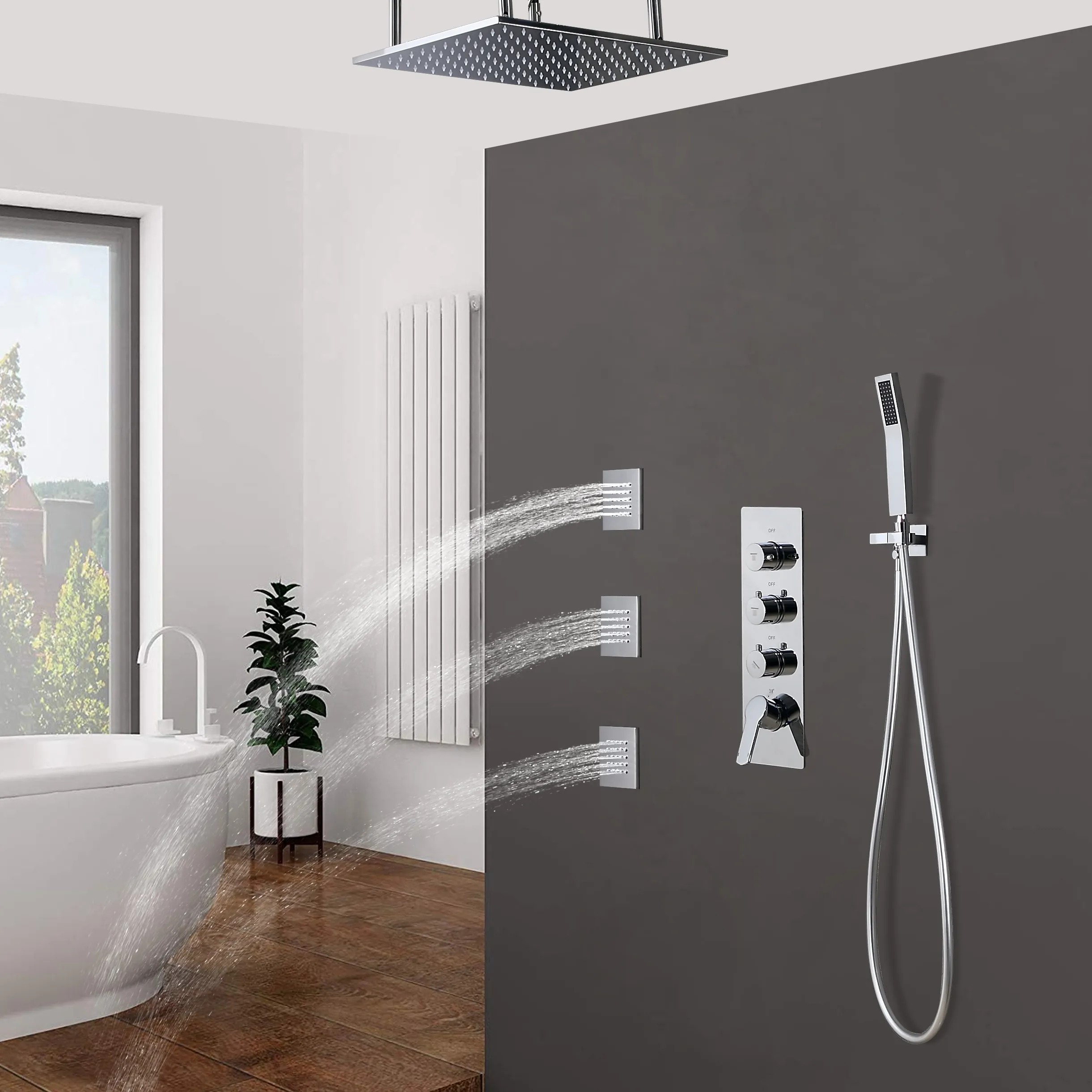 Modern 16" Chrome Rain Shower System with Handheld Shower & 3 Body Sprays
