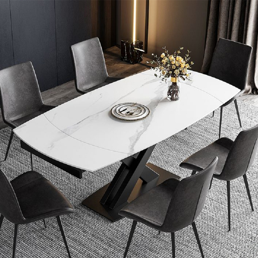 Moderner, ausziehbarer Esstisch aus weißem Stein mit Blattbockfuß, 4—6 Sitzer
