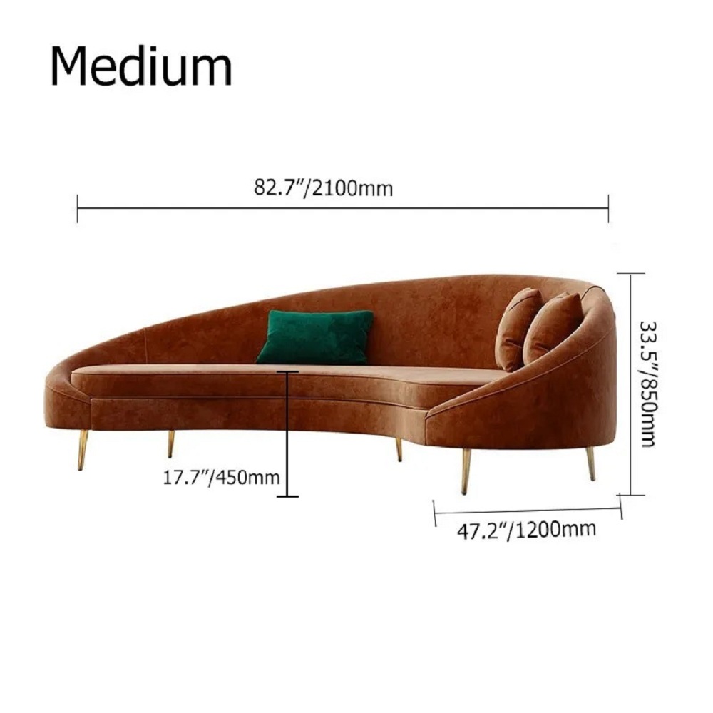 Canapé moderne courbé en velours bronze 2100 mm, 3 places, pieds en métal doré, oreiller inclus