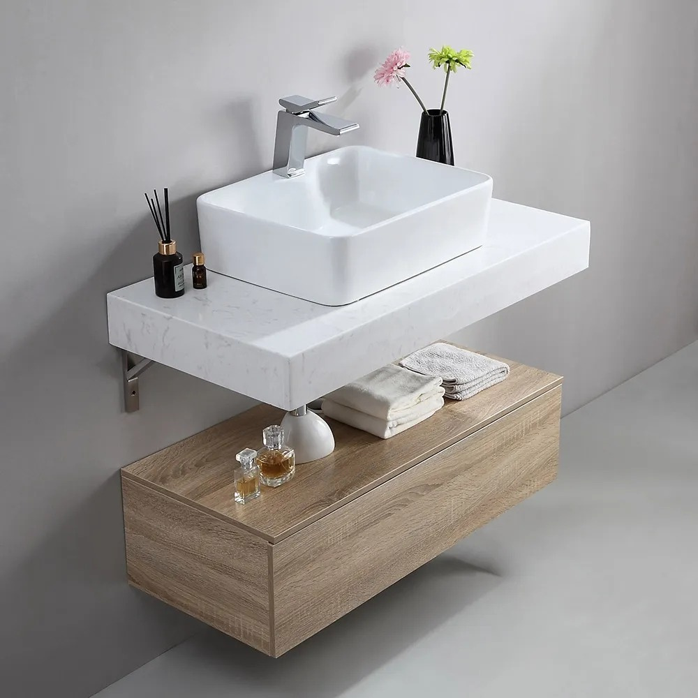 Ensemble de vanité de salle de bain flottant moderne de 900 mm avec lavabo simple blanc et naturel