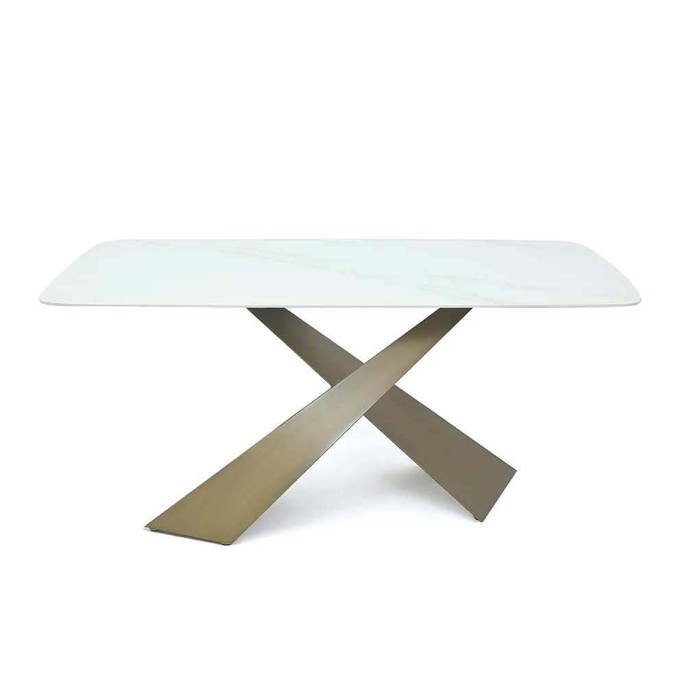 1600mm White Stone Top Rectangle Modern Dining Table Antique Brass X-Base
