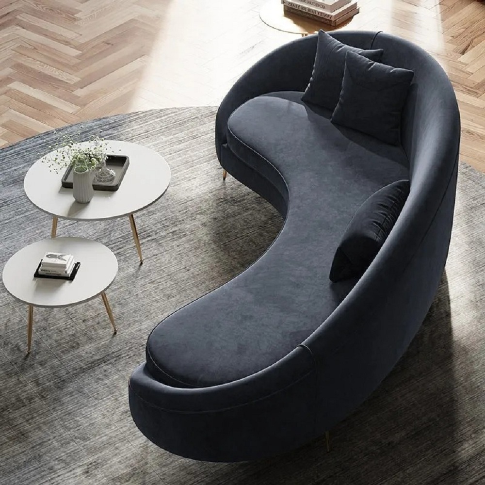 Modern 2100mm Grey Velvet Curved Sofa 3 Seater Sofa Gold Metal Legs Toss Pillow Included