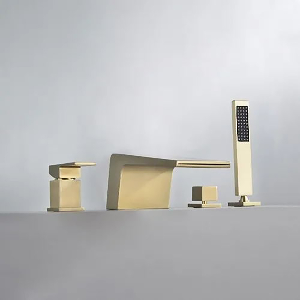 Waterfall Deck-Mount Roman Tub Faucet with Handshower in Brushed Gold