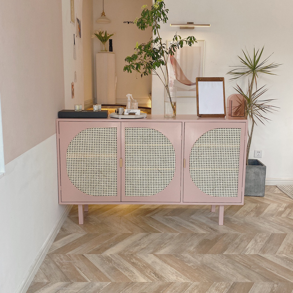 63" Rectangular Pink Rattan Sideboard Buffet 3 Doors Storage Cabinet Plywood