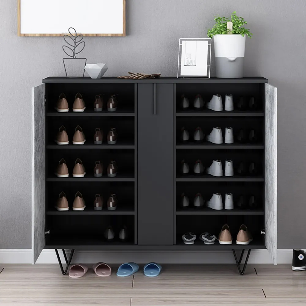 Modern Shoe Cabinet Grey & Black Shoe Organiser with Doors Shelves Drawer in Large