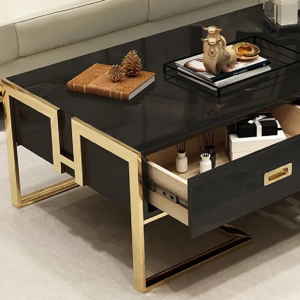 Jocise Contemporary Black Rectangular Coffee Table with Drawers Lacquer Gold Base