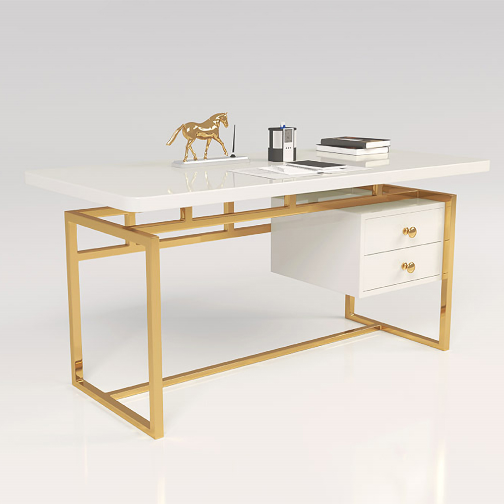 47" White Writing Desk Modern Computer Desk with 2-Drawer in Gold
