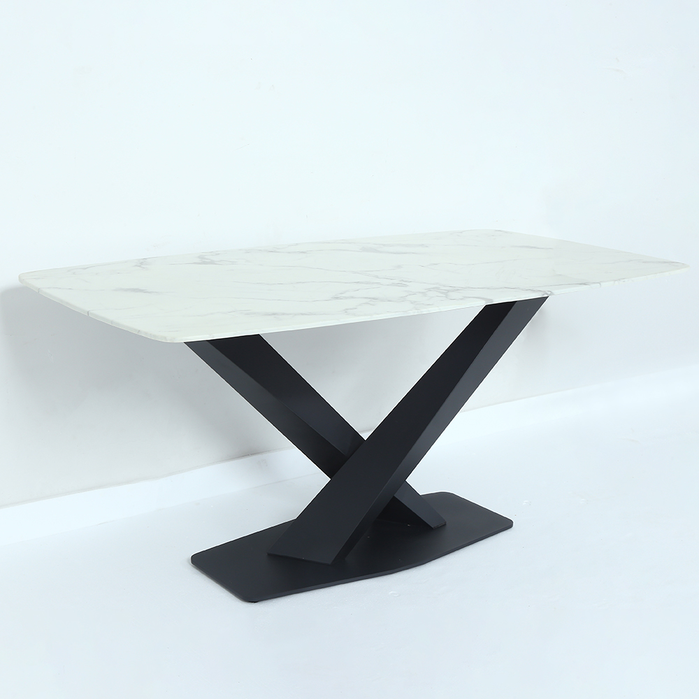 63" Modern Rectangular White Faux Marble Dining Table with Metal X-Base