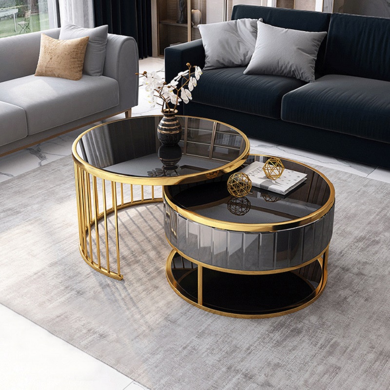 Ensemble de 2 tables basses gigognes rondes modernes dorées et noires avec plateau en verre trempé