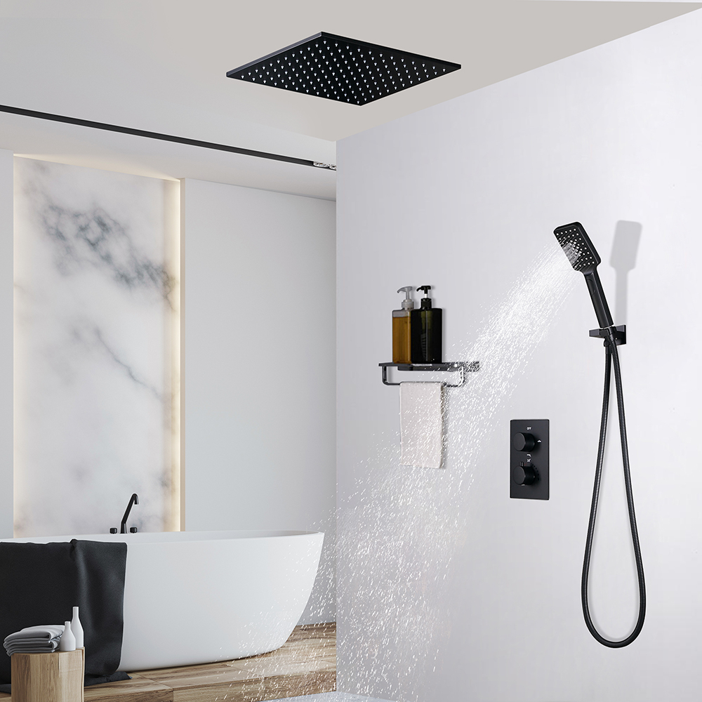 400mm Thermostatic Shower Set With Handheld Shower In Matte Black Solid Brass Bathroom Remodel